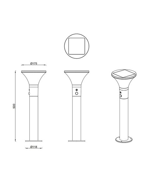 Farol LED solar Gorda de 50 cm com sensor de movimento e crepúsculo, bateria recarregável, 3,5 W, 500 lm, 4000 k, IP44