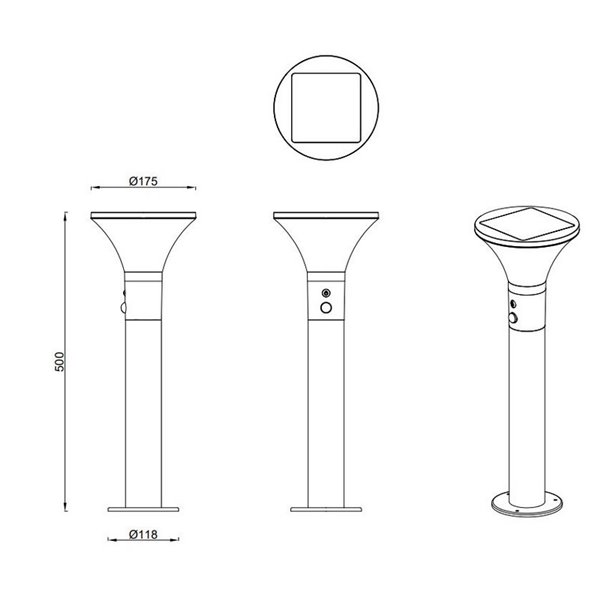 Farol LED solar Gorda de 50 cm com sensor de movimento e crepúsculo, bateria recarregável, 3,5 W, 500 lm, 4000 k, IP44