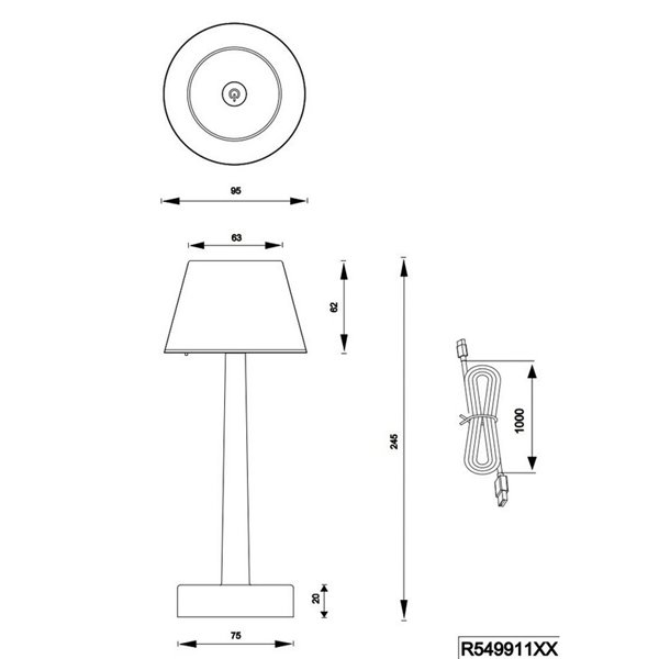 Lampe de table LED VIDAL, rechargeable et dimmable 1,5W 150lm, 3000K IP44
