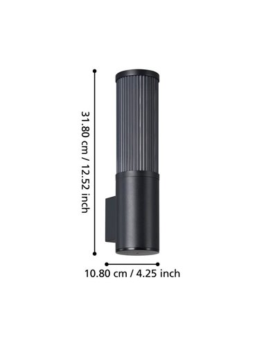 Luminária de parede para exterior SALLE, cilíndrica preta com estrutura em alumínio e plástico nervurado, E27, IP54
