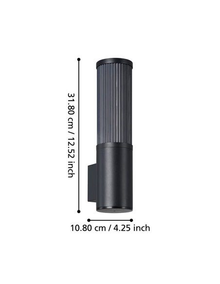 Aplique de pared exterior SALLE, negro cilíndrico con estructura de aluminio y plástico estriado, E27, IP54