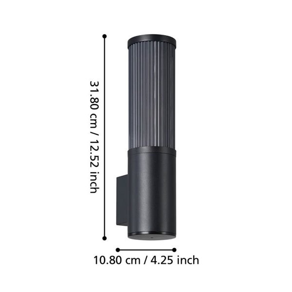Aplique de pared exterior SALLE, negro cilíndrico con estructura de aluminio y plástico estriado, E27, IP54