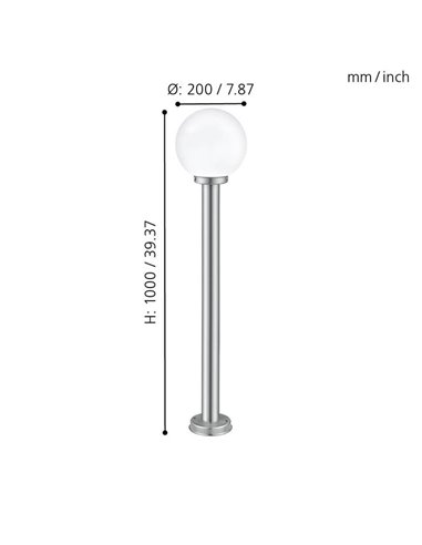 Baliza para exterior NISIA, estructura en acero inoxidable 1m altura tulipa redonda Ø20cm, E27, IP44