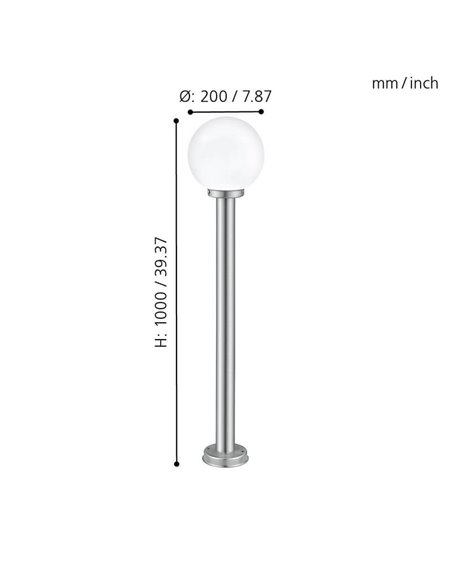 Balise d'extérieur NISIA, structure inox, hauteur 1m, abat-jour rond Ø20cm, E27, IP44