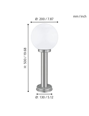 Baliza exterior 50cm de altura NISIA, con estructura de acero inoxidable y tulipa de cristal redonda blanca, E27, IP44