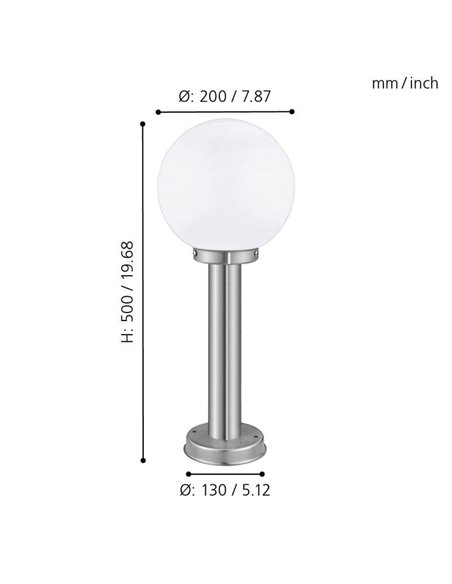 Baliza exterior 50cm de altura NISIA, con estructura de acero inoxidable y tulipa de cristal redonda blanca, E27, IP44