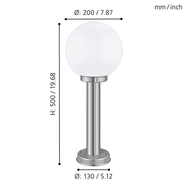 Baliza exterior 50cm de altura NISIA, con estructura de acero inoxidable y tulipa de cristal redonda blanca, E27, IP44