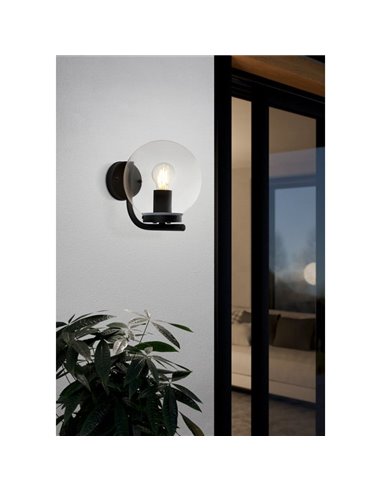 Aplique de pared exterior TAVERNA, con estructura de acero galvanizado negro y cúpula de plástico transparente, E27, IP44