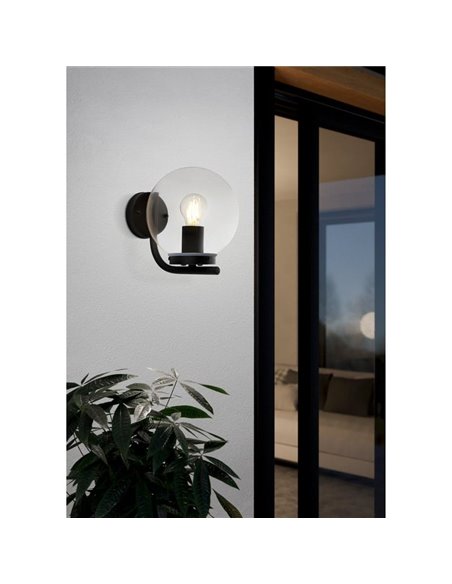 Aplique de pared exterior TAVERNA, con estructura de acero galvanizado negro y cúpula de plástico transparente, E27, IP44