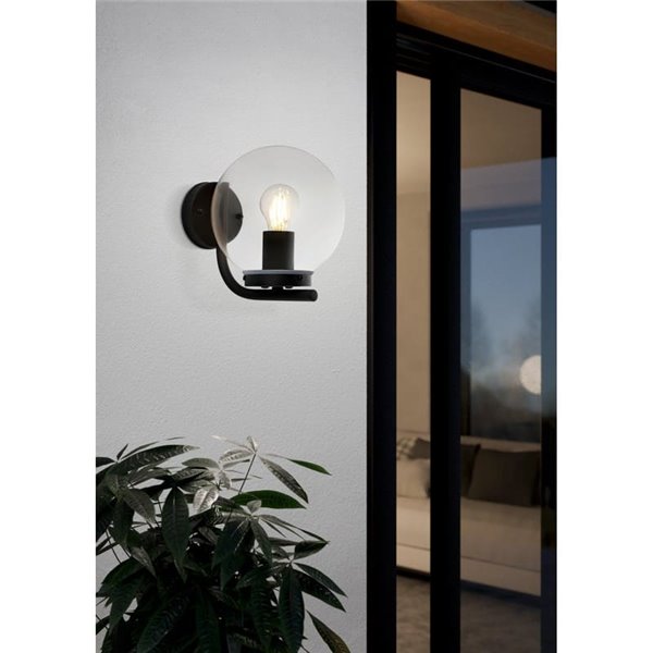 Aplique de pared exterior TAVERNA, con estructura de acero galvanizado negro y cúpula de plástico transparente, E27, IP44