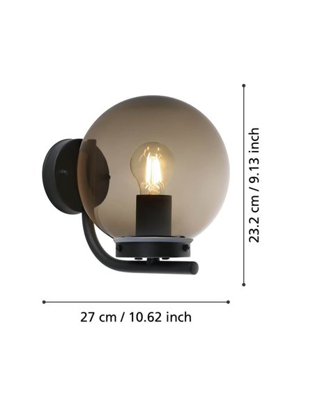 Luminária de parede externa TAVERNA, com estrutura em aço preto e cúpula em plástico preto transparente, E27, IP44