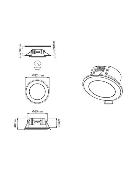 Downlight de embutir 8,2cm e corte de 6,8cm AURA LED 5W 450lm, 3000K IP20 Moldura preta