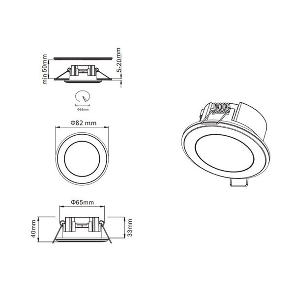 Spot encastré 8,2 cm et 6,8 cm coupé AURA LED 5W 450lm, 3000K IP20 Cadre noir