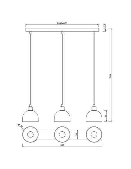 Lámpara de techo 3 pantallas MOLLY altura ajustable bombilla excl. 3x E14 max. 10W IP20 Níquel mate
