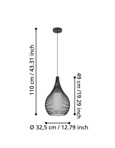 Medidas Lámpara Colgante Negra RAZONI 1 Ø32,5cm – Diseño Industrial con Casquillo E27
