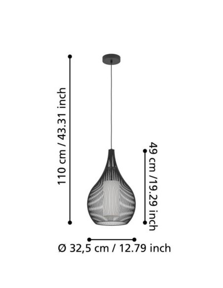 Medidas Lámpara Colgante Negra RAZONI 1 Ø32,5cm – Diseño Industrial con Casquillo E27