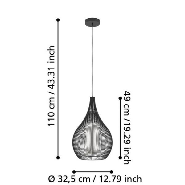 Dimensions de la suspension noire RAZONI 1 Ø 32,5 cm – Design industriel avec douille E27
