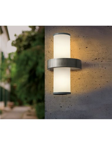 Luminária de parede externa BEVERLY em aço inoxidável e cilindro branco, 2xE27, IP44
