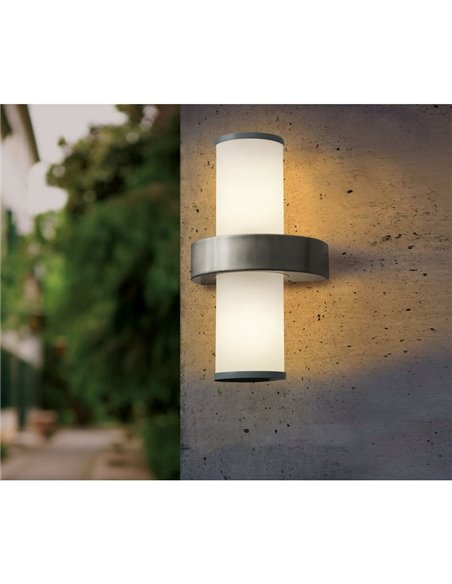 Aplique de pared para exterior BEVERLY de acero inoxidable y cilindro blanco, 2xE27, IP44