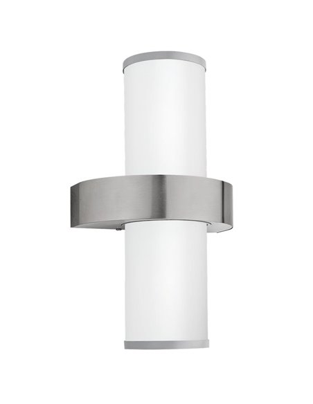 Luminária de parede externa BEVERLY em aço inoxidável e cilindro branco, 2xE27, IP44