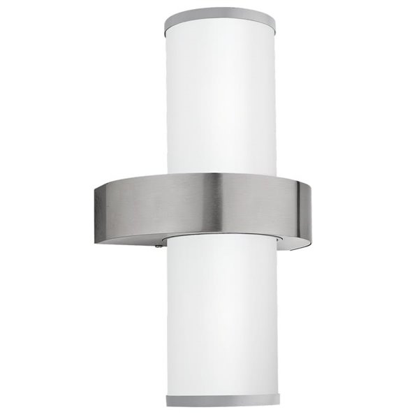 Luminária de parede externa BEVERLY em aço inoxidável e cilindro branco, 2xE27, IP44