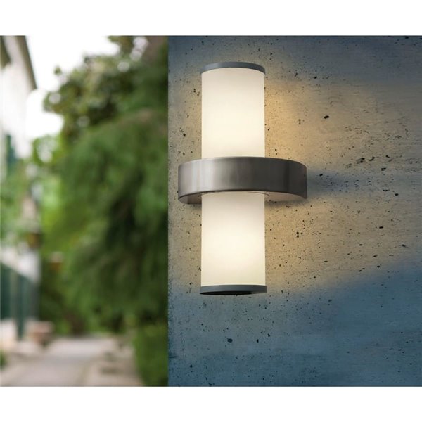 Luminária de parede externa BEVERLY em aço inoxidável e cilindro branco, 2xE27, IP44