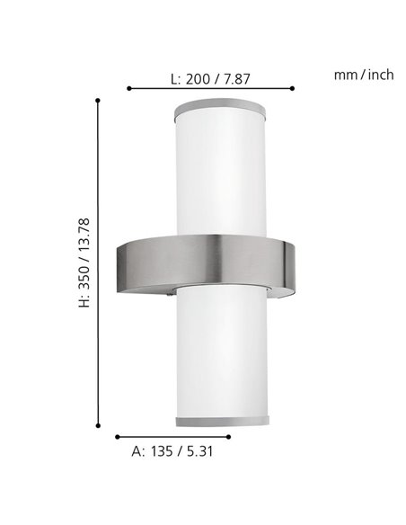Luminária de parede externa BEVERLY em aço inoxidável e cilindro branco, 2xE27, IP44