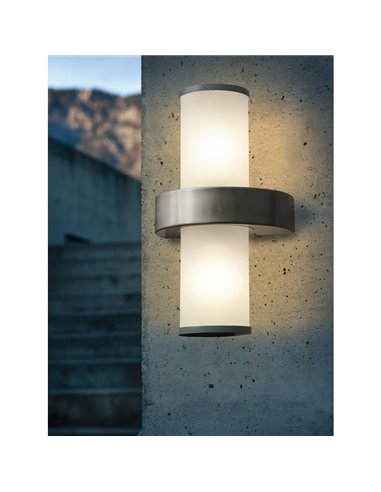 Luminária de parede externa BEVERLY em aço inoxidável e cilindro branco, 2xE27, IP44