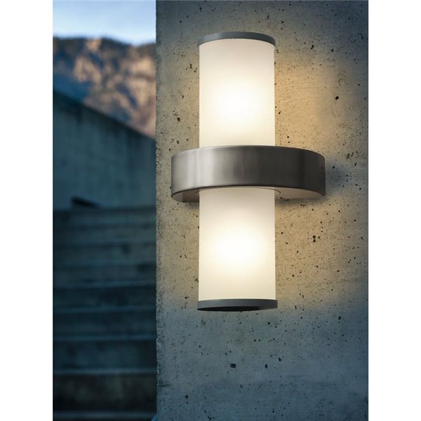 Luminária de parede externa BEVERLY em aço inoxidável e cilindro branco, 2xE27, IP44
