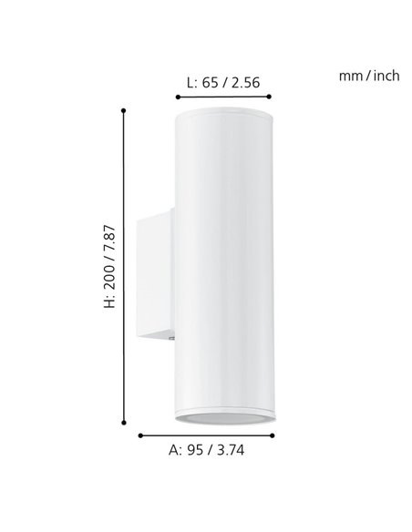 Aplique LED cilíndrico exterior RIGA, blanco con montaje en esquina, 2x2,8W 500Lm 3000K, IP44