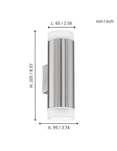 Aplique de pared RIGA-LED satinado cilíndrico con montaje en esquina, 2x2,8W 500Lm 4000K, IP54