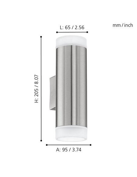 Aplique de pared RIGA-LED satinado cilíndrico con montaje en esquina, 2x2,8W 500Lm 4000K, IP54