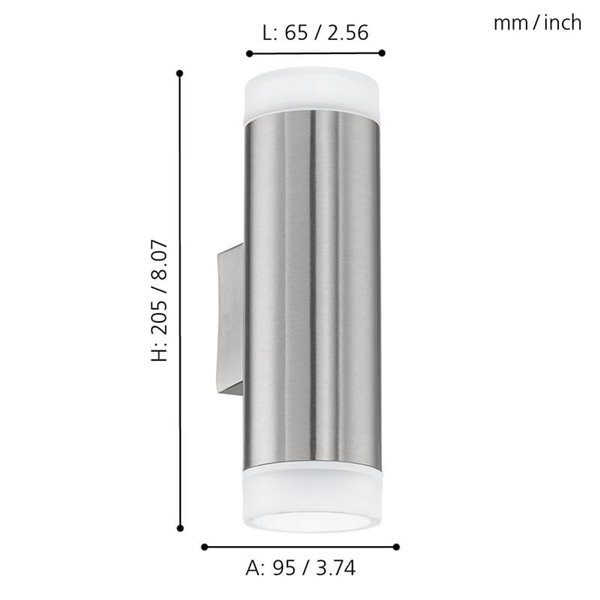 Applique murale cylindrique satinée RIGA-LED avec fixation d'angle, 2x2,8W 500Lm 4000K, IP54