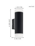Aplique de pared RIGA-LED negro cilíndrico con montaje en esquina, 2x4,6W 800Lm 4000K, IP54