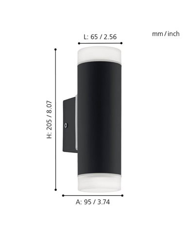 Aplique de pared RIGA-LED negro cilíndrico con montaje en esquina, 2x4,6W 800Lm 4000K, IP54