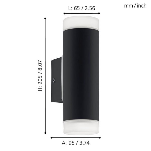 Aplique de pared RIGA-LED negro cilíndrico con montaje en esquina, 2x4,6W 800Lm 4000K, IP54