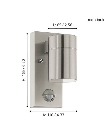 Aplique LED exterior con sensor de movimiento RIGA 5 acero, 2,8W 250Lm 3000K, IP44