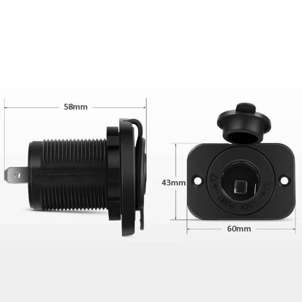 Medidas Toma de mechero con tapón hermético 12V y 24V instalación fija