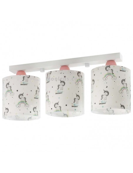 Plafonnier pour enfants 3 lumières avec licorne et arc-en-ciel scintillant de Dalber | Éclairage Léonleds