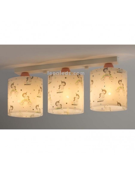 Plafonnier pour enfants 3 lumières avec licorne et arc-en-ciel scintillant de Dalber | Éclairage Léonleds