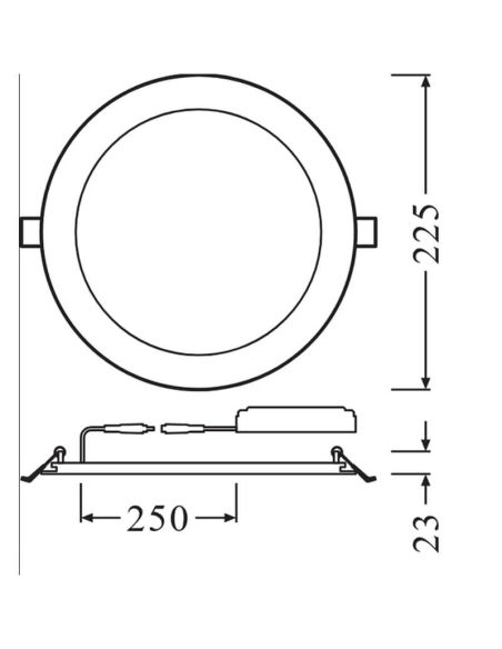 Medidas Downlight LED Ultra Slim Blanco Ø225mm 22W 3000K - 4000K – Altura 2,3 cm | Corte Ø205mm Empotrable