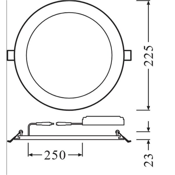 Dimensions Downlight LED Blanc Ultra Fin Ø225mm 22W 3000K - 4000K – Hauteur 2,3 cm | Coupe Ø205mm Encastré