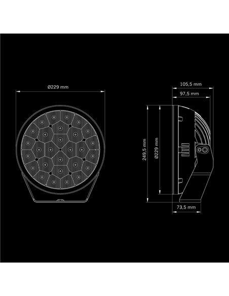 Faro LED 9" de campo ancho YUKON 2.0 86W, 9.500Lm, 511m, 50 puntos de luz, ECE R149 y R10