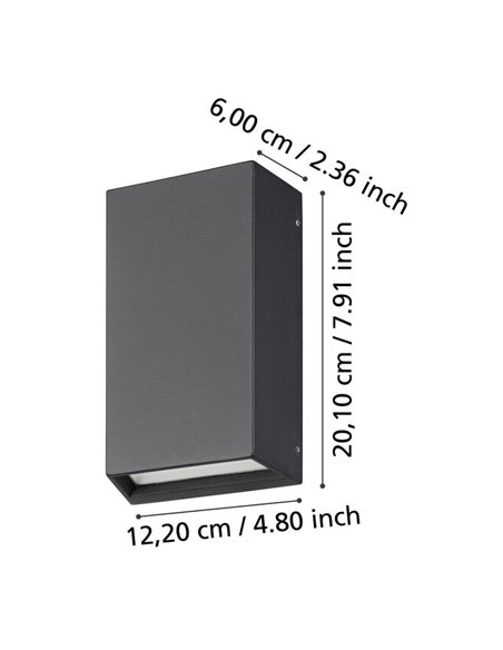 Aplique de pared LED vertical SPONGANO, negro, 2x5W 1200Lm, 3000K/4000K/5000K/6500K, IP65