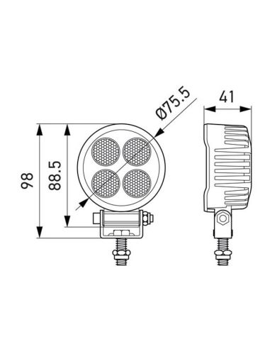 Medidas Faro LED de Trabajo Redondo Mini HELLA TR1700 1700Lm 24W 12/24V – Campo Cercano IP6K9K | Ø75mm