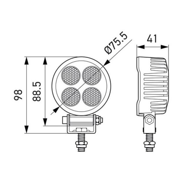 Medidas Faro LED de Trabajo Redondo Mini HELLA TR1700 1700Lm 24W 12/24V – Campo Cercano IP6K9K | Ø75mm