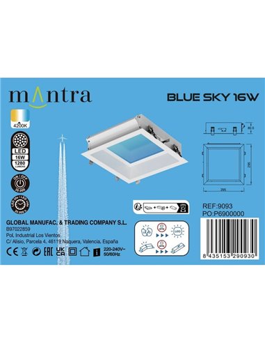 Plafón cielo azul LED empotrable BLUE SKY 30x30, 16W 4200K 1280Lm, simula claraboya, blanco