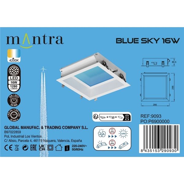 Plafón cielo azul LED empotrable BLUE SKY 30x30, 16W 4200K 1280Lm, simula claraboya, blanco