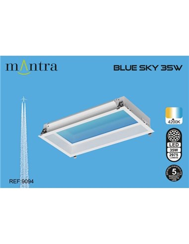 Plafón cielo azul LED empotrable BLUE SKY 60x30, 35W 4200K 29750Lm, simula claraboya, blanco