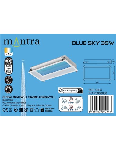Plafón cielo azul LED empotrable BLUE SKY 60x30, 35W 4200K 29750Lm, simula claraboya, blanco